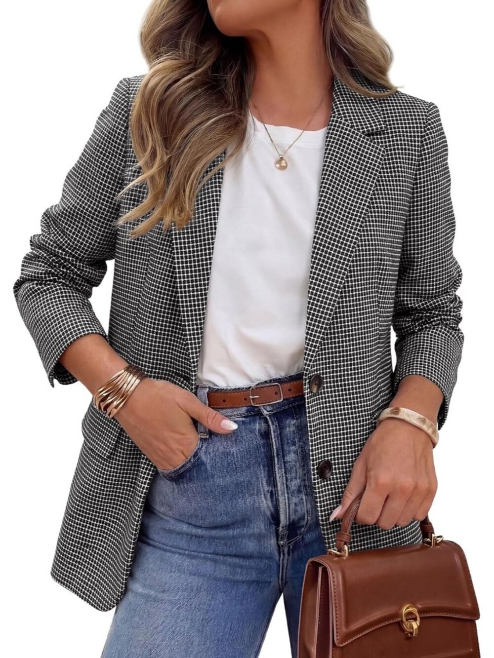 Women's Plaid Black Long Sleeve Notch Lapel Pockets Oversized Blazer Suit Jacket